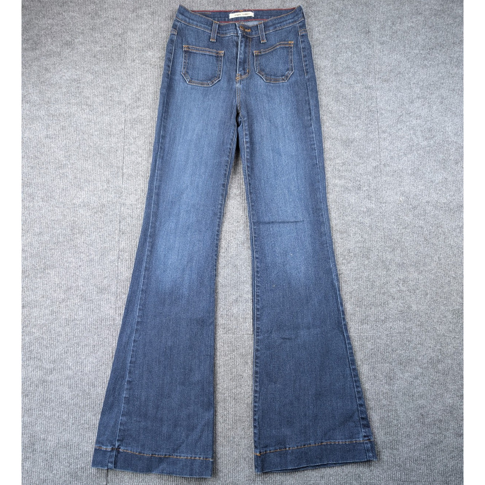 Angry Rabbit Flare Jeans Womens 25 Stretch Retro 70s Front Pocket Denim Blue